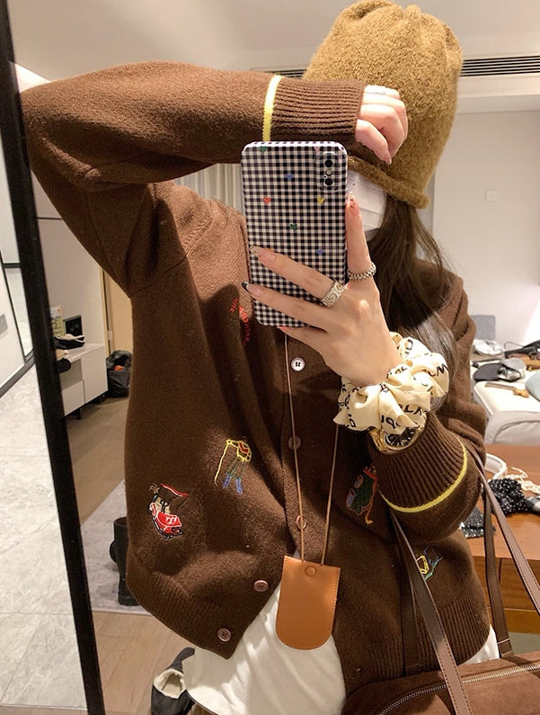 Rouje Kelly Embroidered Knit Cardigan in Maillard Tones
