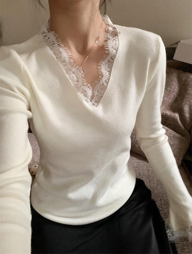 Korean-Style Lace V-Neck Knit Top