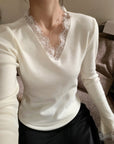 Korean-Style Lace V-Neck Knit Top