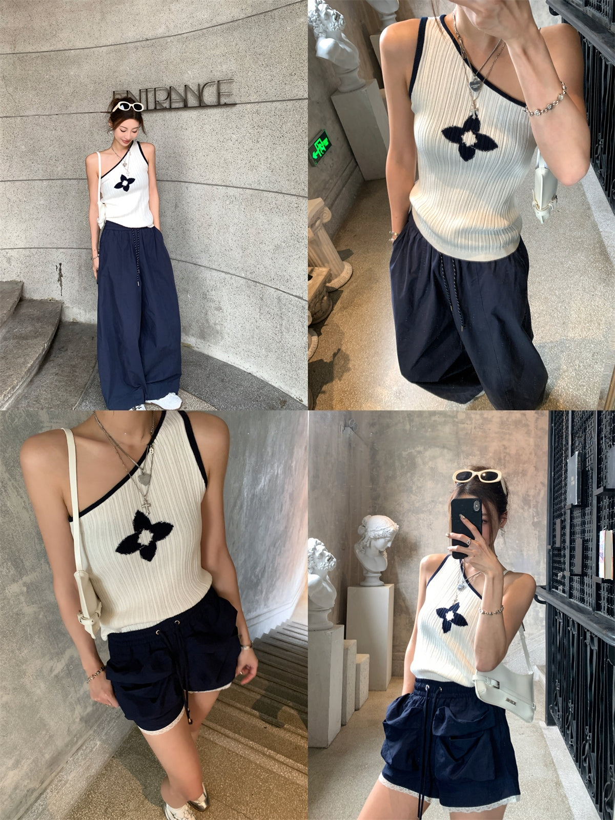Asymmetrical One-Shoulder Contrast Knit Tank Top