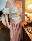 Satin Long Skirt + Line Neck Top
