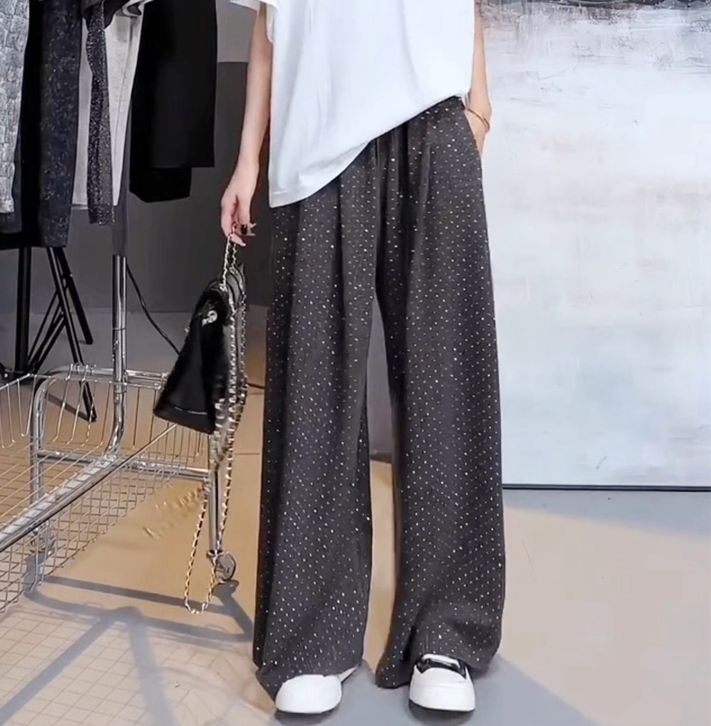 Starry Rhinestone Velvet Lined Wide-Leg Pants(Dark brown)