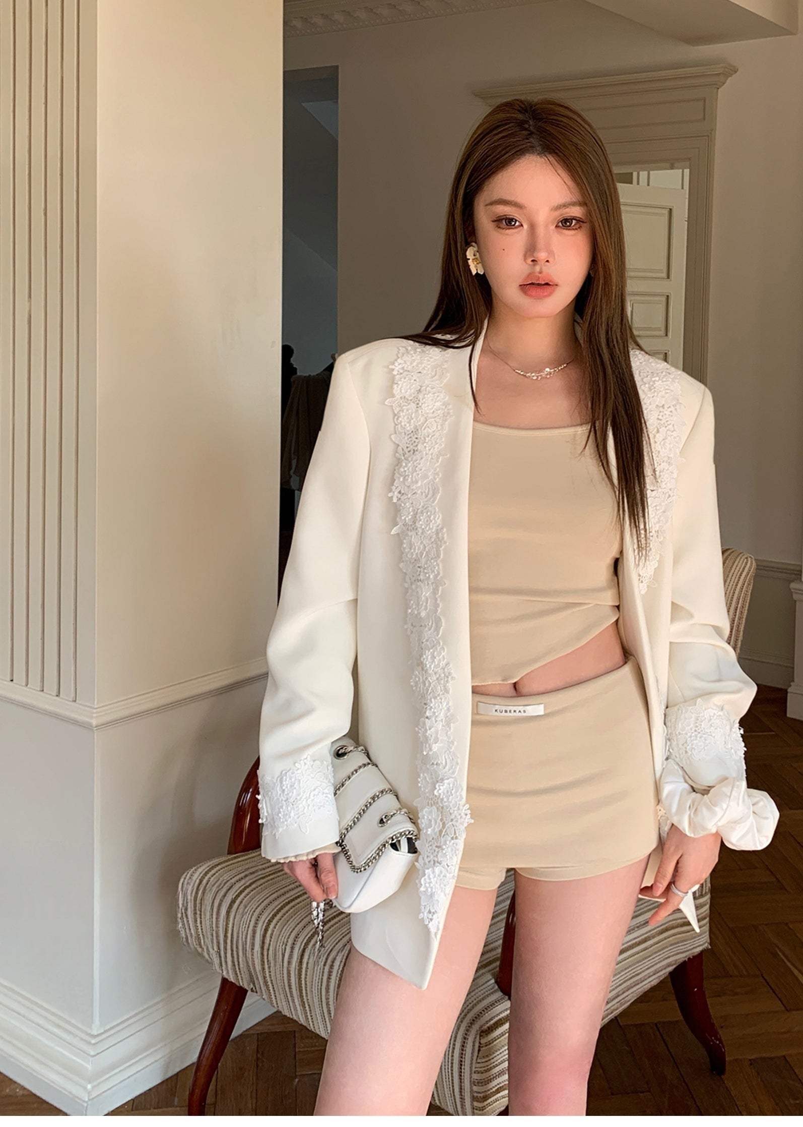 Statement lace-panelled couture blazer