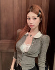 Doll Collar Slim-Fit Knit Cardigan with Mid Sleeves