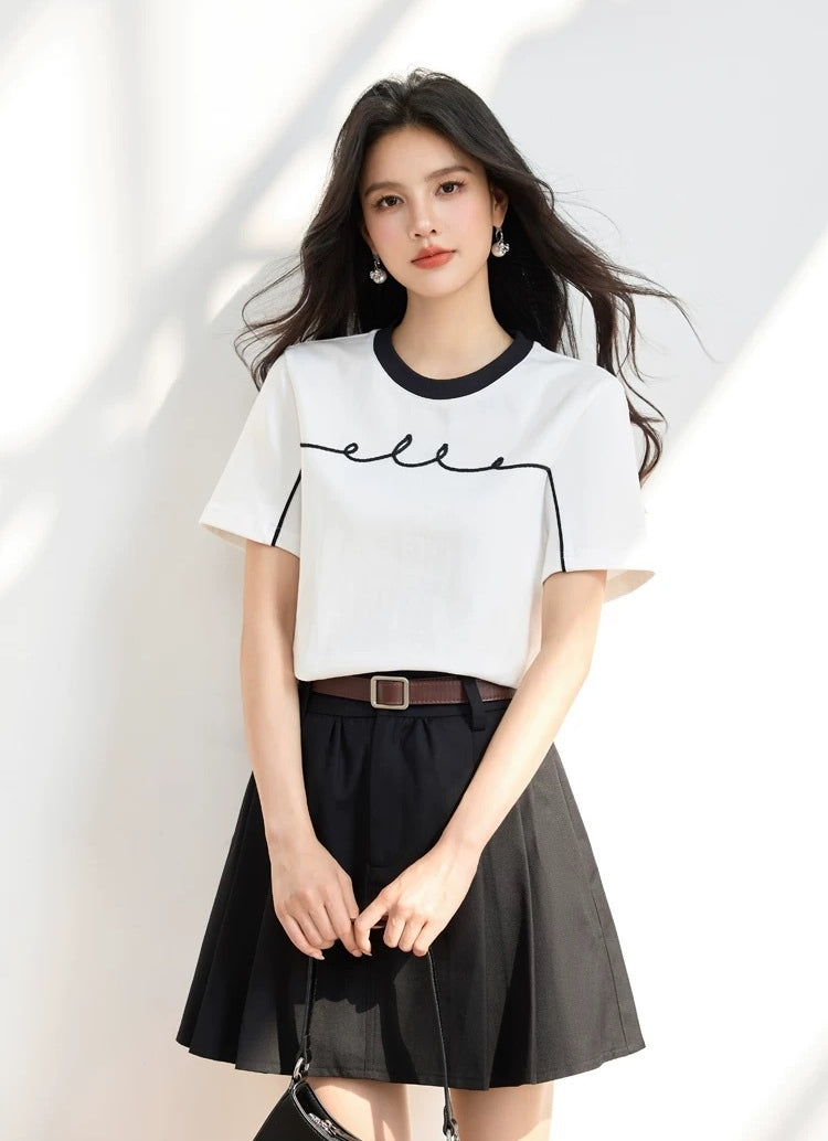 ELLE French-Style Crewneck Contrast Cotton Tee