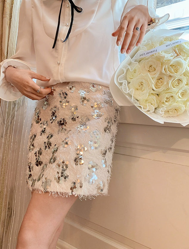 Shimmering Sequin Fringe Elastic Waist Skirt