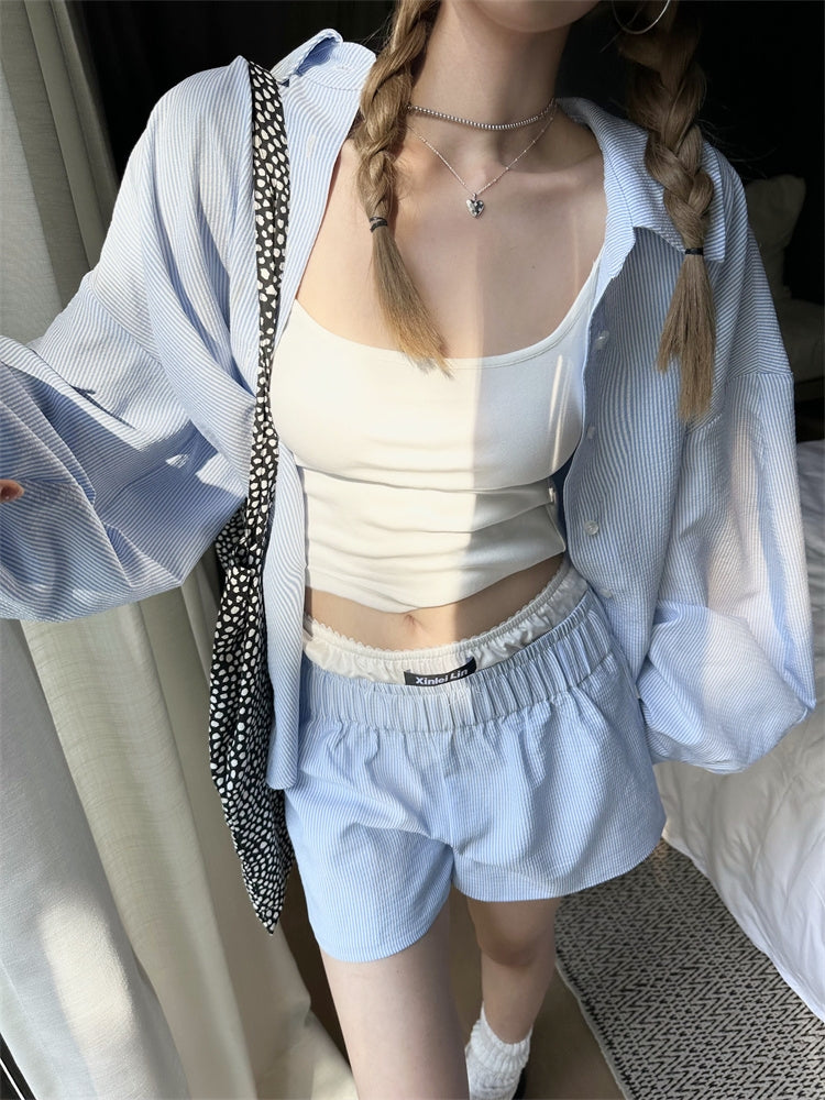 Striped Long-Sleeve Shirt + Shorts Set