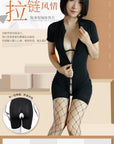 Double Zipper Short-Sleeved Conjoined Breasts Open Chest Lingerie