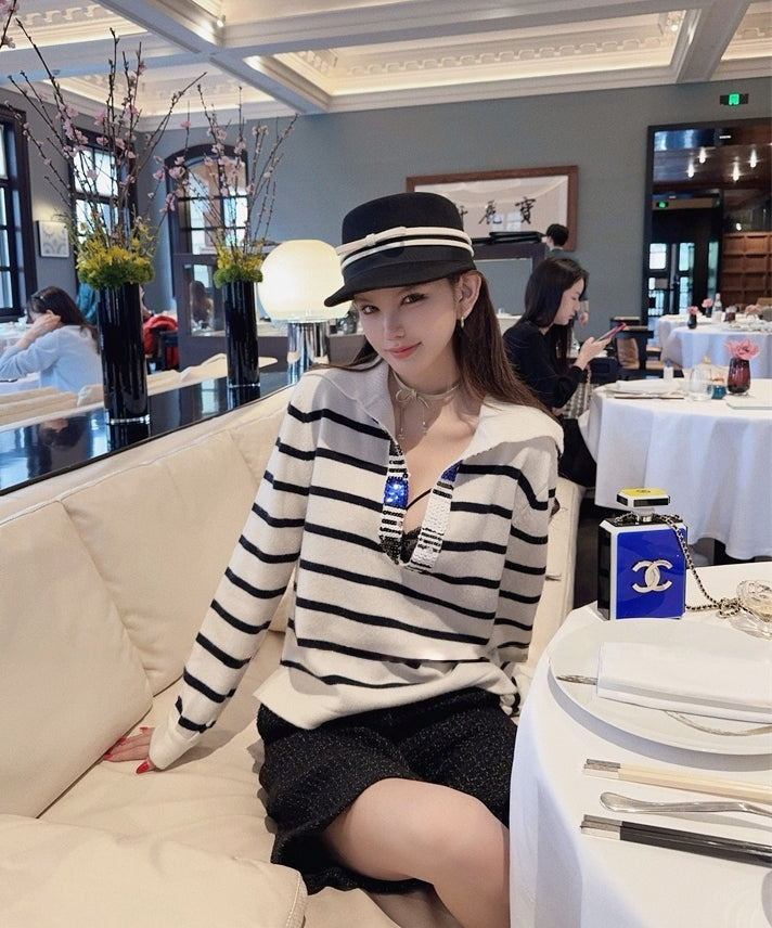 Sequin V-Neck Striped Lambswool Knit Top
