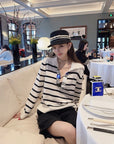 Sequin V-Neck Striped Lambswool Knit Top
