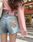 Retro Pink Woven Patch Wide-Legged Denim Shorts