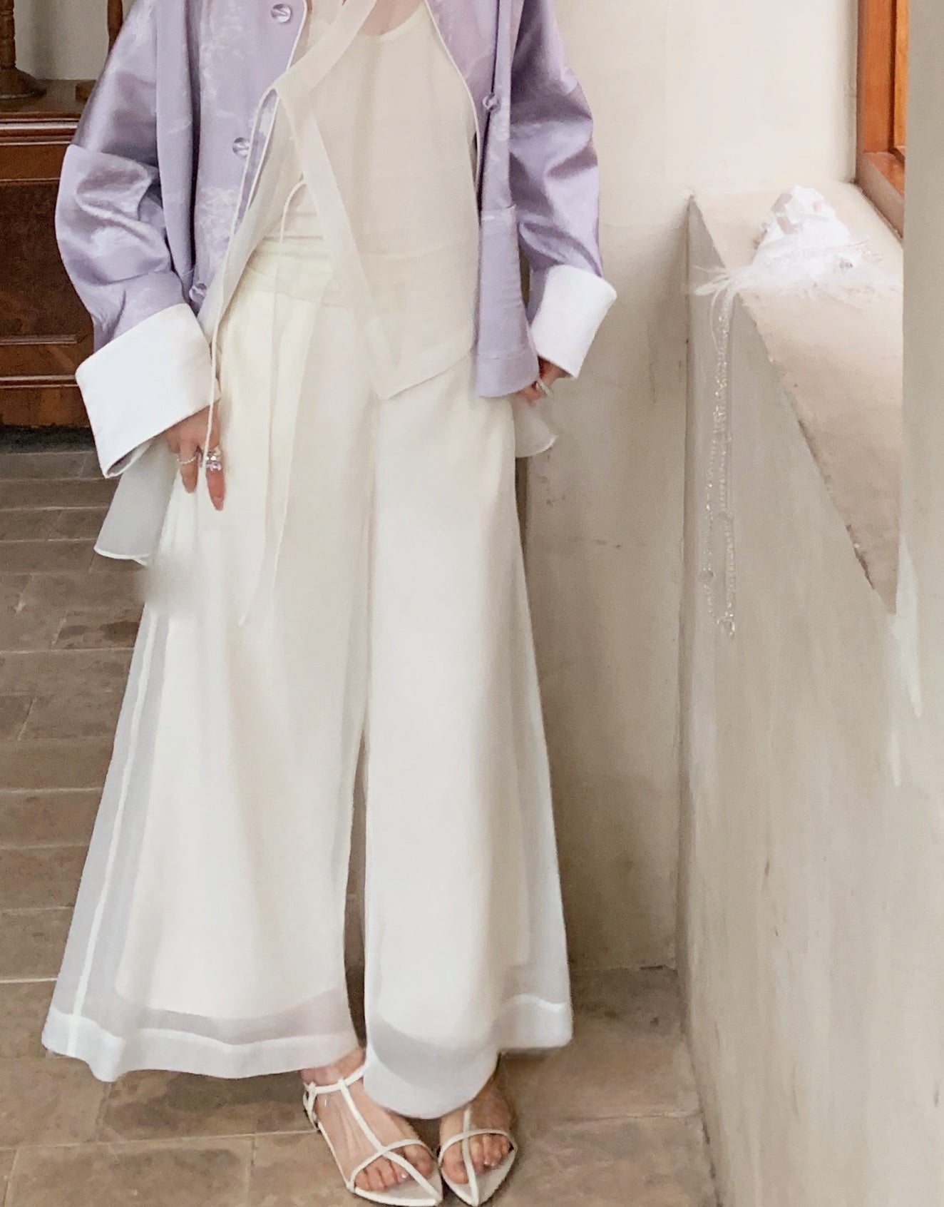 Vintage Chinese-Style Flowing Double-Layer Gauze Nine-Point Wide-Leg Culottes