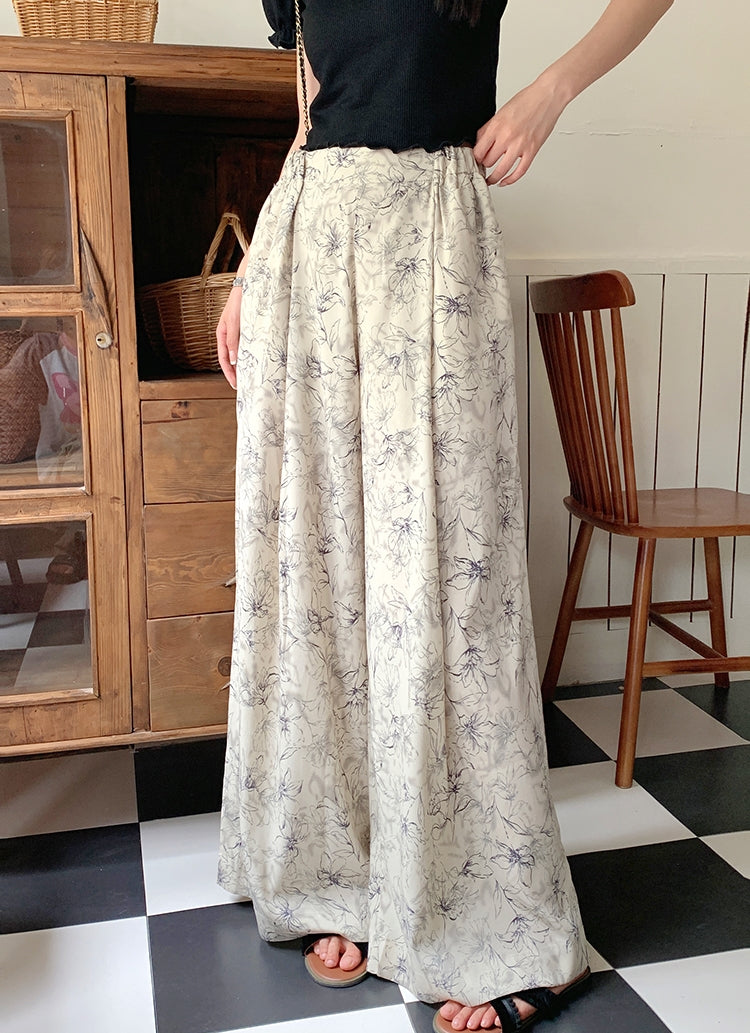 Summer Ink Print Wide-Leg Pants