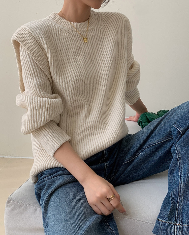 White Textured Knit Sweater with Layered Look