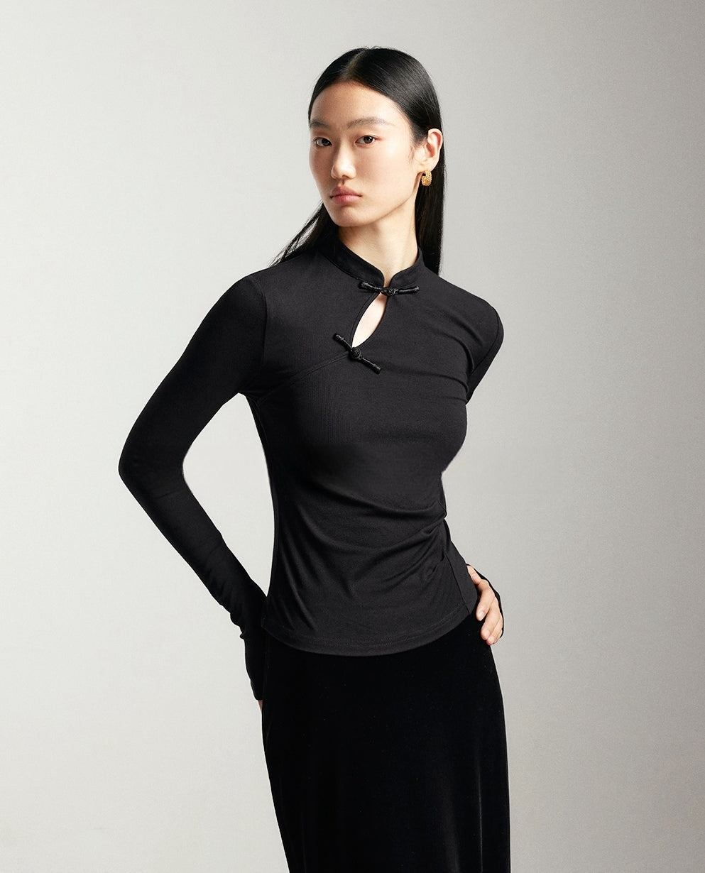 New Chinese Style Slim Fit Knit Top with Small Mandarin Collar
