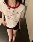 American-style color-block letter embroidered cotton tee