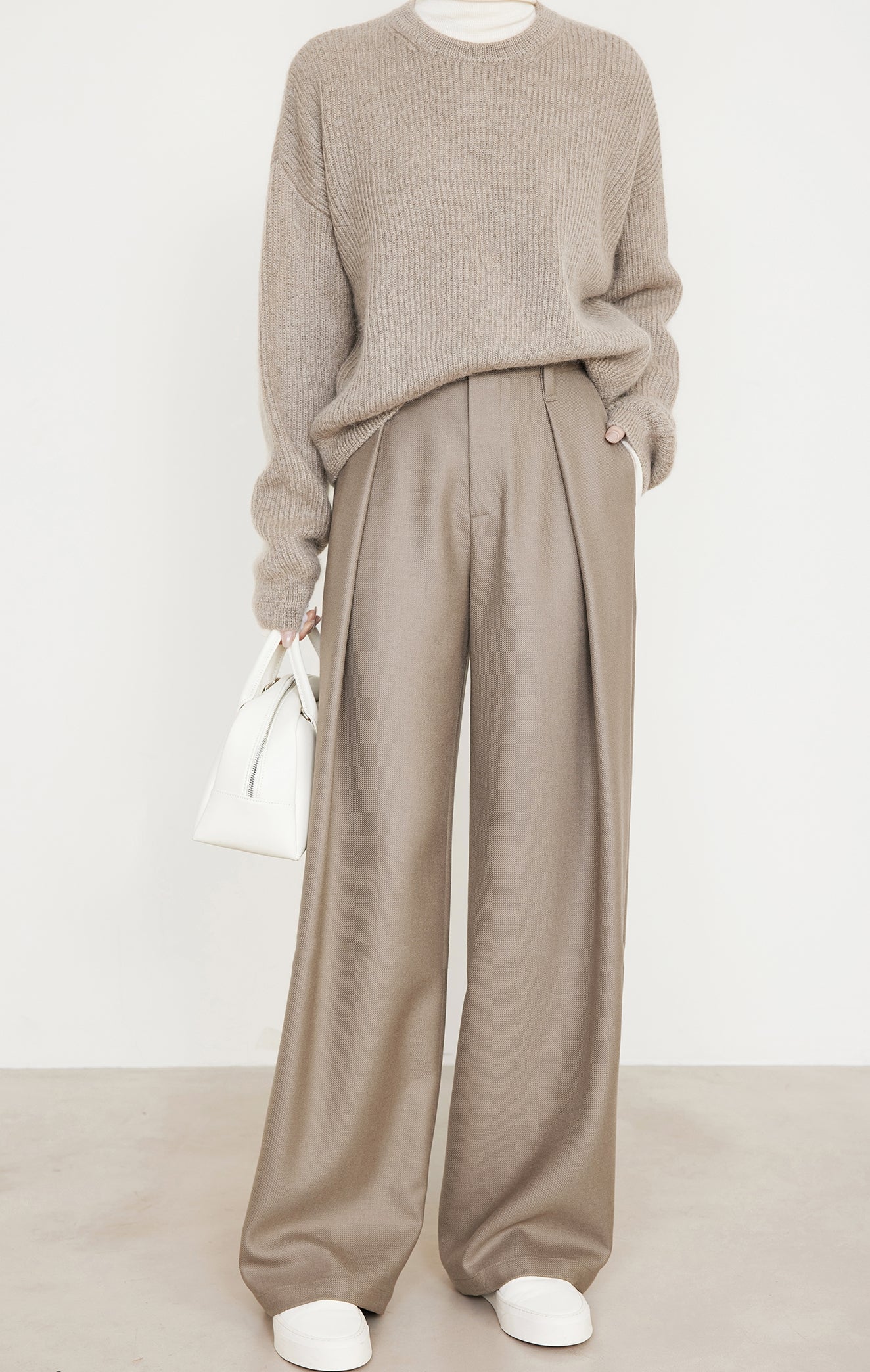 Shamoka Wool Camel Wide-Leg Curved Pants