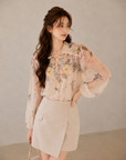 Floral Drawstring Balloon Sleeve Blouse (Includes Bandeau Top)