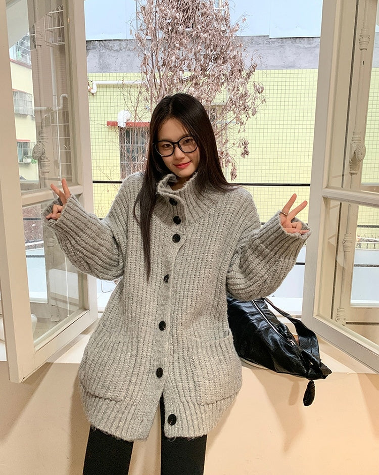 Korean-style wool knit cardigan with a relaxed, stylish design