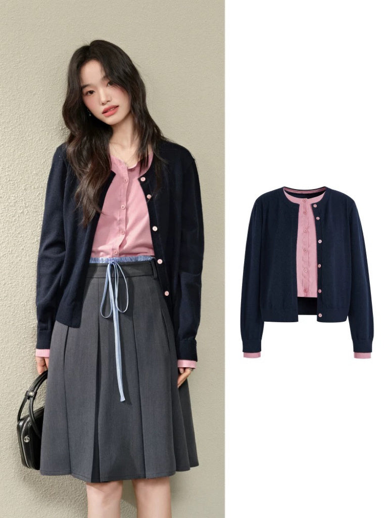 MIU-Style Wool-Blend Layered Knit Cardigan