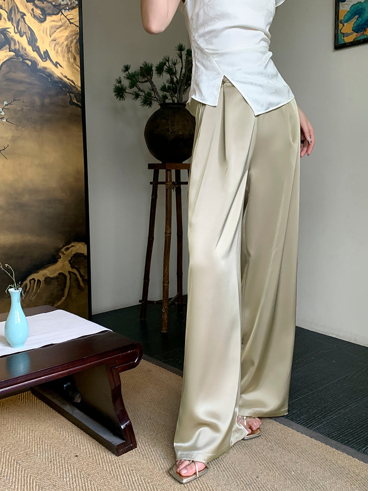 Upgraded Acetate High-Waist Tassel Wide-Leg Pants in Modern Chinese Style