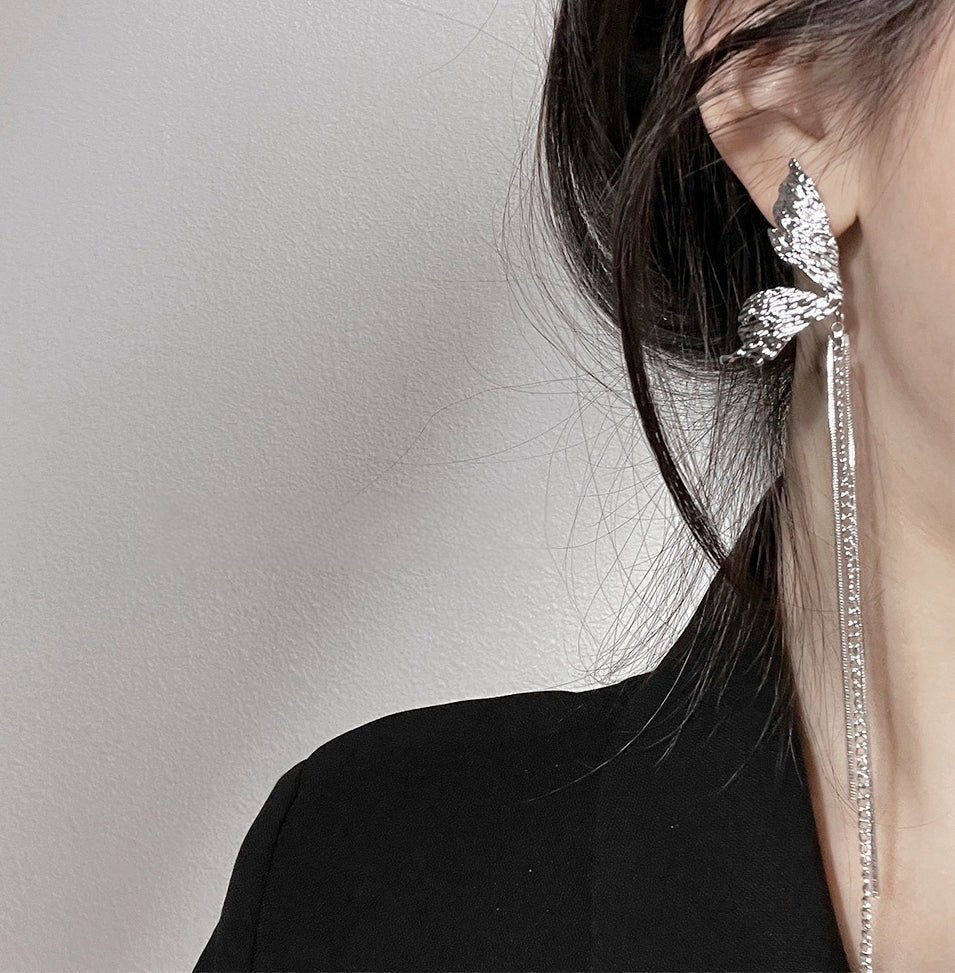 Korean 925 Silver Butterfly Wing Tassel Earrings