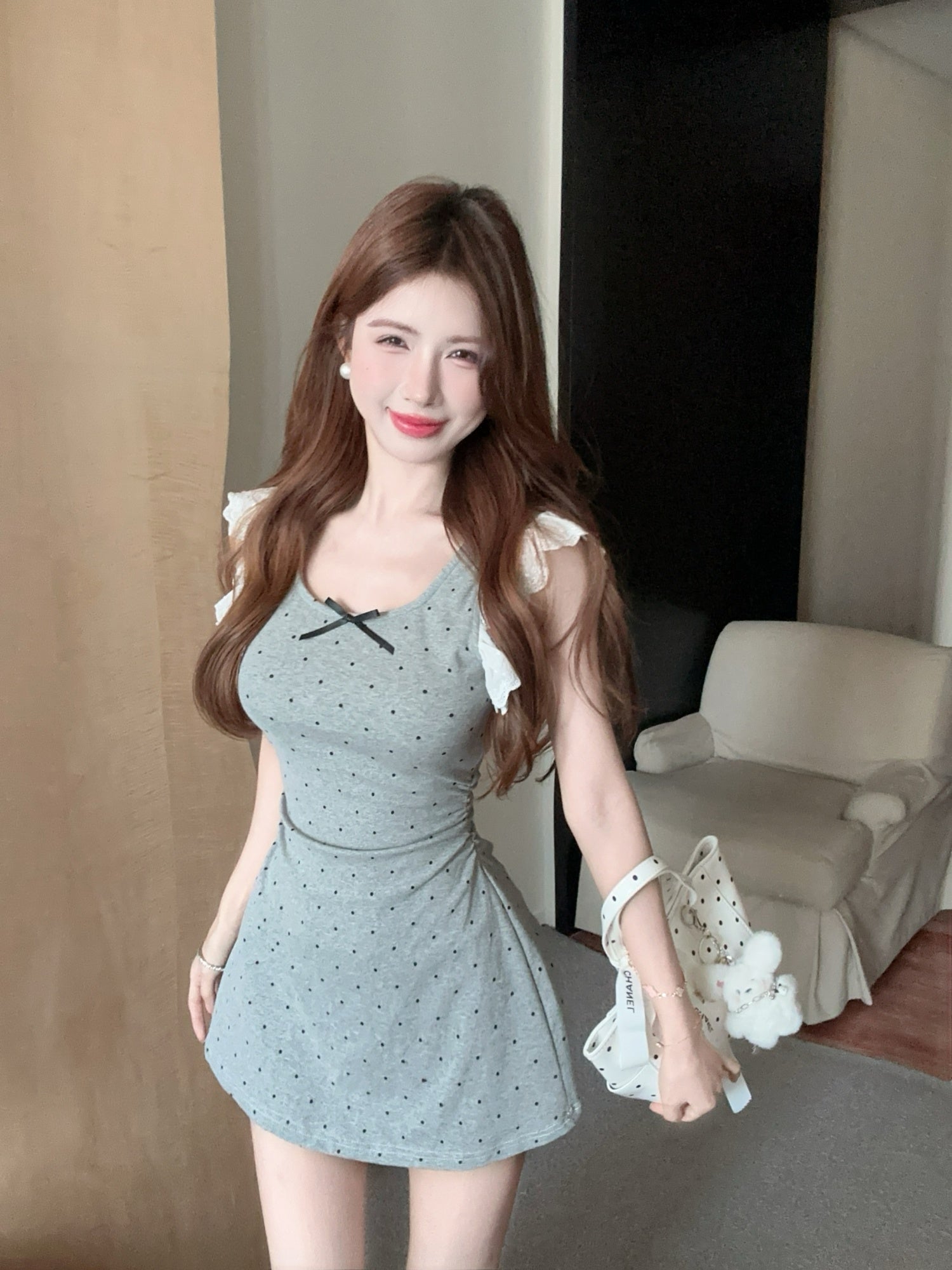 Purely Innocent Style Girl-Feel Short Flutter Sleeve Waist-Tied Dress