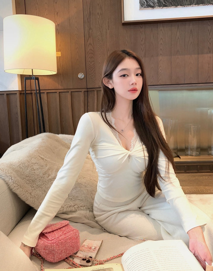 V-Neck Lace Spliced Pure Desire Knit Top