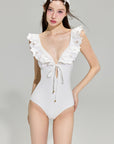 White Embroidered Deep V One-Piece Swimsuit