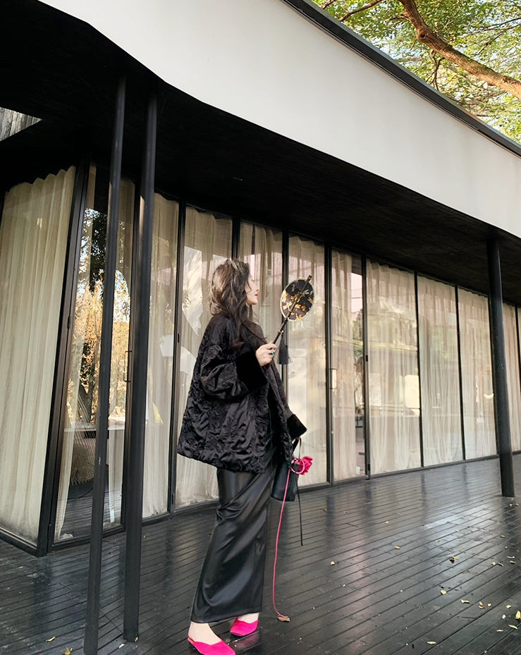 New Chinese Style Satin Embroidered Down Jacket (Without Fur Scarf)