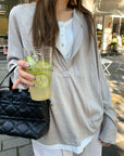 Snowflake Tencel Cotton Layered-Look Half-Placket Shirt+PANT