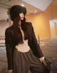Starry Rhinestone Velvet Lined Wide-Leg Pants(Dark brown)