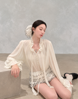 White Moonlight Ribbon Chiffon V-Neck Blouse