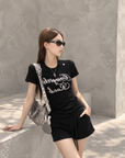 Black Structured Shoulder Beaded Cotton Tee