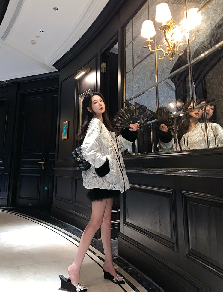New Chinese Style Satin Embroidered Down Jacket (Without Fur Scarf)