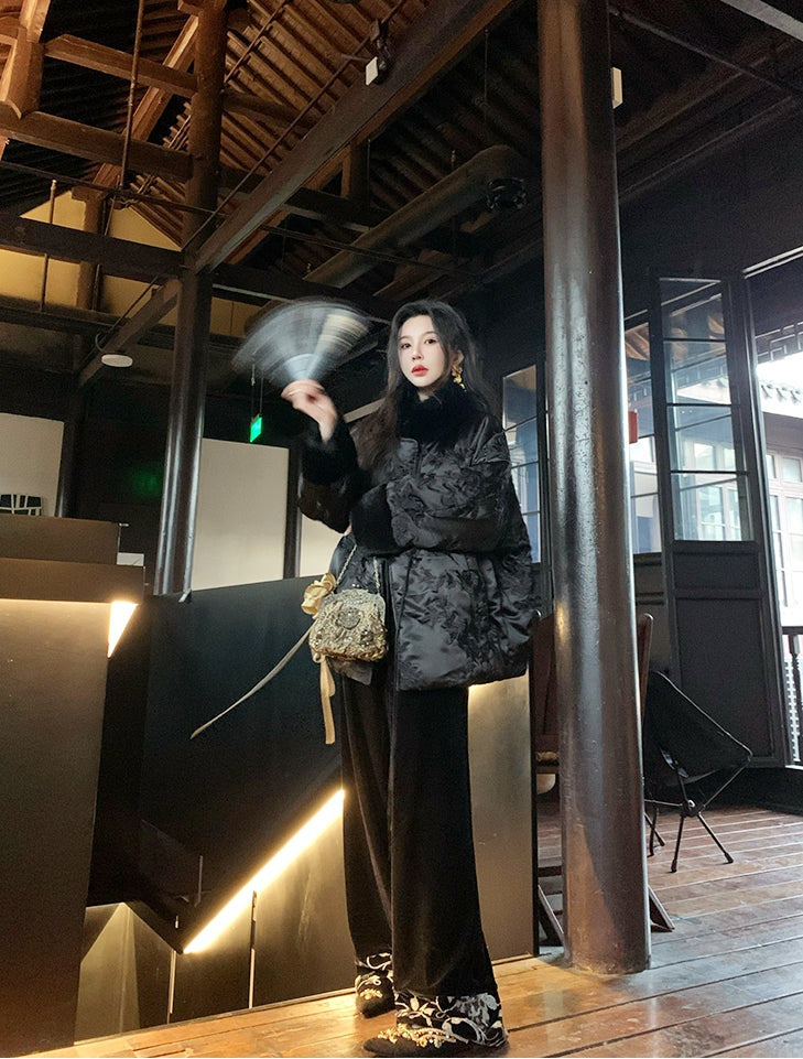 New Chinese Style Satin Embroidered Down Jacket (Without Fur Scarf)