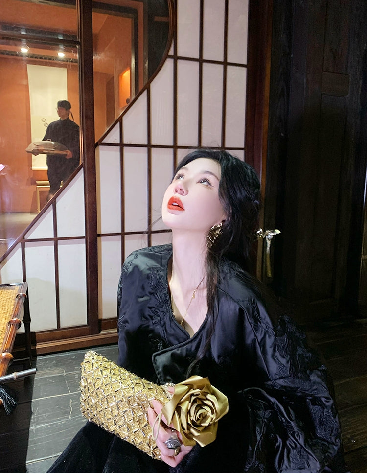 New Chinese Style Satin Embroidered Down Jacket (Without Fur Scarf)