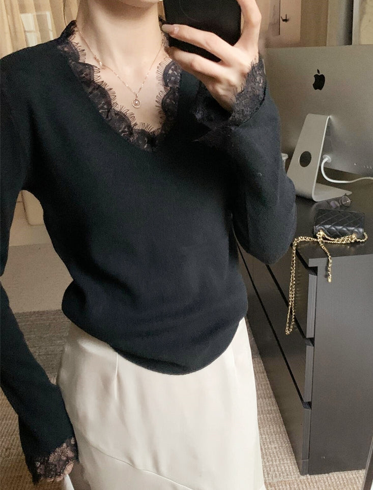 Korean-Style Lace V-Neck Knit Top