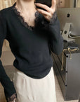 Korean-Style Lace V-Neck Knit Top