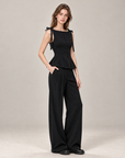 French-Inspired Black Bow-Tie Peplum Top & Wide-Leg Pants Set
