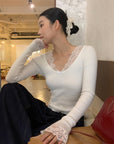 Delicate Lace Patchwork Fitted Knit Top