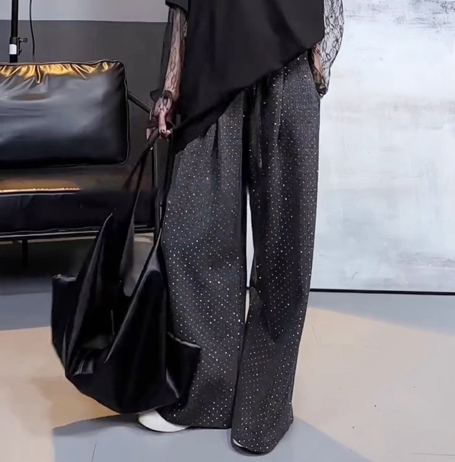 Starry Rhinestone Velvet Lined Wide-Leg Pants(Dark brown)