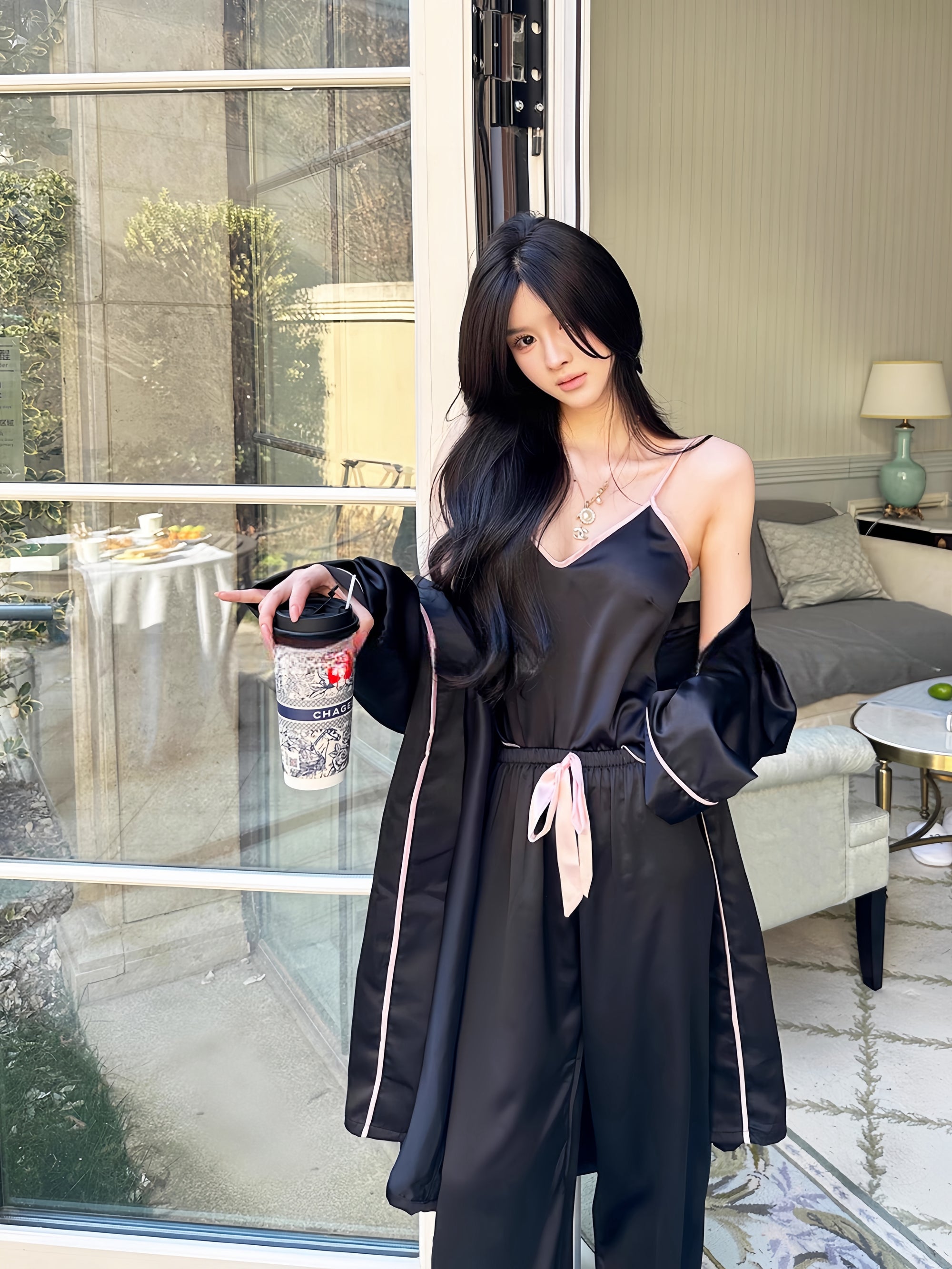 Korean Style Loose-Fit Strappy Jumpsuit with Outer Shawl Three-Piece Set