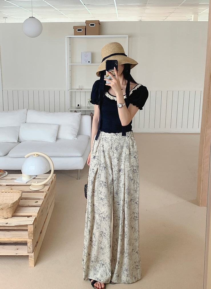 Summer Ink Print Wide-Leg Pants
