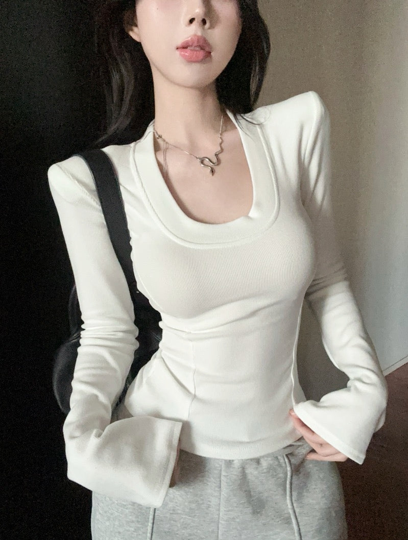 U-Neck Brushed Thickened Top with Padded Shoulders