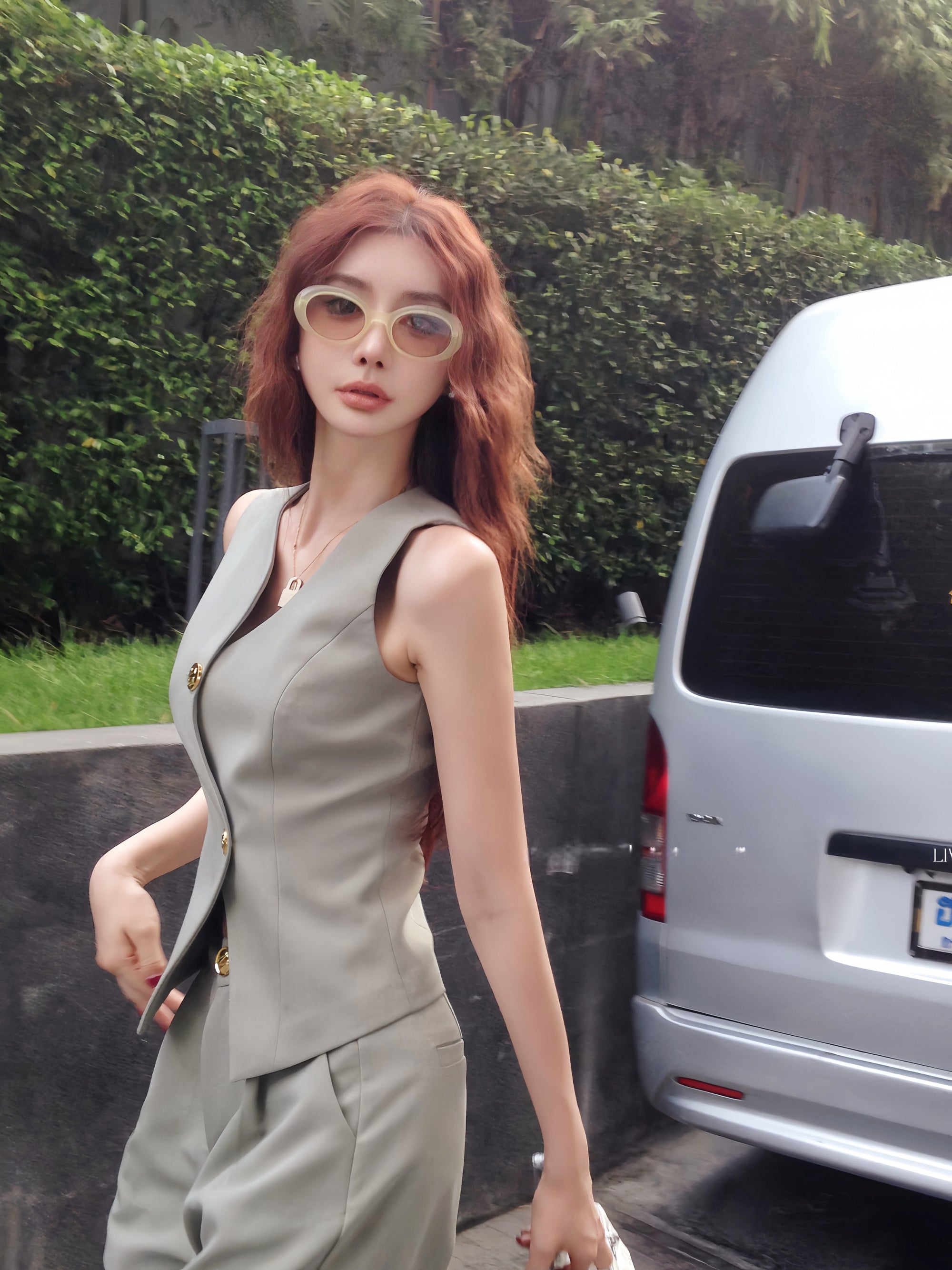 Elegant Tea-Color Waist-Tied Vest with Advanced Tailoring (Vest Only, No Bottom)