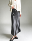 Glazed acetate satin midi skirt(charcoal grey)