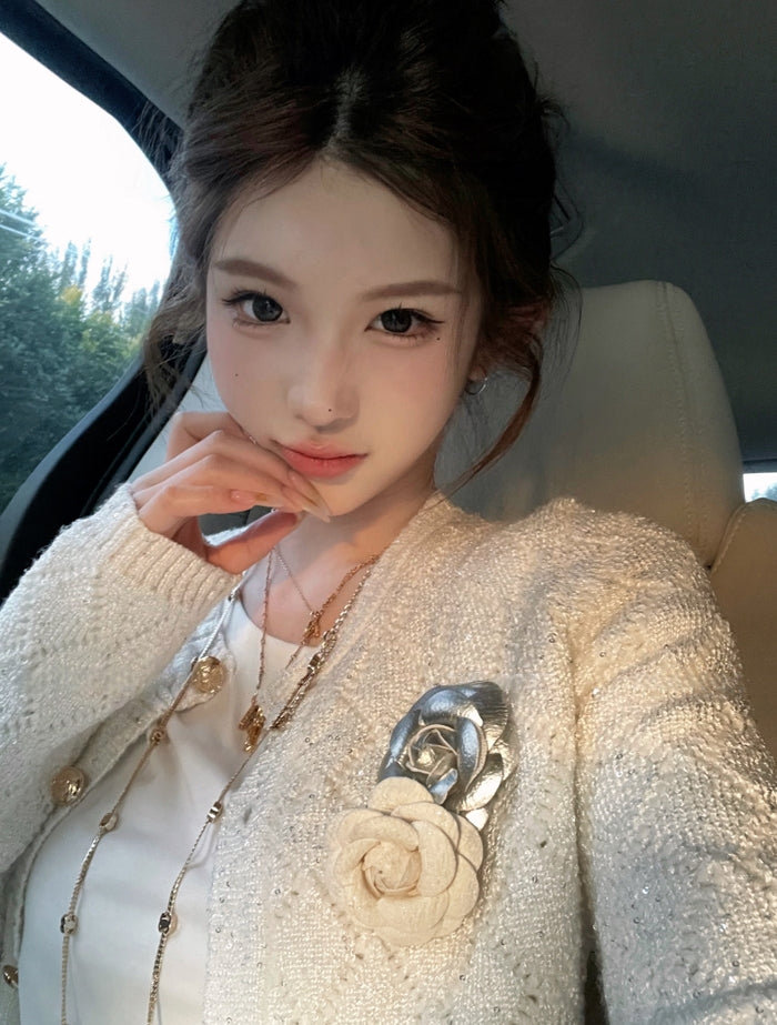 Sequined Argyle Knit Tweed-Style Cardigan (with Brooch)