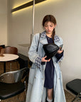 Elegant Tweed Patchwork Washed Denim Trench Coat