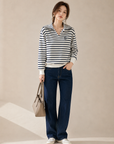 Cotton Korean-Style Striped Polo Top